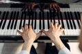 Male pianist hands on grand piano keyboard