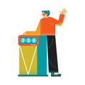 Male player of quiz show standing on the tribune answering questions. Vector illustration in the flat cartoon style. Royalty Free Stock Photo