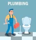 Male Plumber Cartoon Character with Wrench Tool