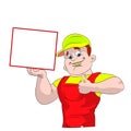 Male plumber showing thumbs up, and blank frame, cartoon on white background.