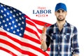 Male plumber standing with Happy Labor Day text Royalty Free Stock Photo