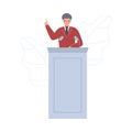 Male Politician Standing Behind Rostrum Giving Speech, Businessman Character Giving Talk at Business Conference or