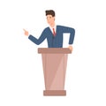 Male politician in suit standing at rostrum vector flat illustration. Positive political candidate gesticulate pointing