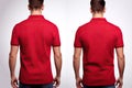 Male polo tshirt mockup, front and back view, Male model wearing a simple red polo shirt on a white background, top section