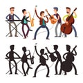Male pop music band playing music. Vector illustration of cartoon character and silhouette