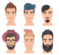 Male portrait avatar face set vector illustration. Young stylish man faces with various beards and hairstyle. Trendy