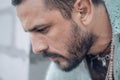 Male portrait in sadness. Mans fashions. Handsome man closeup portrait. Stylish latin man. Handsome guy sad and strong. Royalty Free Stock Photo