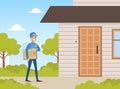 Male Postman Courier Delivering Parcel Box to Customer Door, Delivery Service Concept Vector Illustration Royalty Free Stock Photo