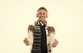 male preferences in music. dancing to his favorite song. happy mature unshaven man wear scarf. male fall season fashion