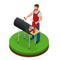 Male preparing barbecue outdoors. Grill summer food. Picnic cooking device. Flat isometric illustration. Family weekend