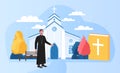 Male priest standing outside big white church