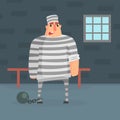 Male Prisoner Character in Striped Robe in Prison Cell Vector Illustration