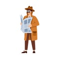Male private detective or investigator in sunglasses and newspaper in hands.