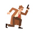 Male private detective with mustache holding gun vector flat illustration. Spy man in hat and coat during pursuit of