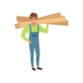 Male professional carpenter holding wooden planks vector Illustration on a white background