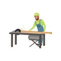 Male professional carpenter in uniform cutting a wooden plank with circular saw vector Illustration on a white Royalty Free Stock Photo