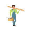 Male professional carpenter in uniform holding wooden plank and tool box vector Illustration on a white background