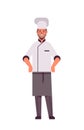 Male professional chef cook standing pose man restaurant kitchen worker in uniform cooking food concept flat full length