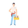 Male Professional Cleaner with Basket of Detergents, Cleaning Company Staff Character Dressed in Uniform with Equipment