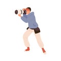 Male professional photographer taking photo holding camera vector flat illustration. Man photojournalist or reporter