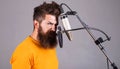 Male professional vocalist in Studio. Music production. Bearded man sing in condenser microphone. Royalty Free Stock Photo