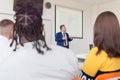 Male professor explain lesson to students and interact with them in the classroom.Helping a students during class. University Royalty Free Stock Photo