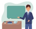 male professor, teacher. Teacher teacher showing on board. Vector illustration,cartoon, flat. College class or university teacher Royalty Free Stock Photo