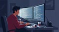 Male Programmer Working at Dual Monitors in Dark Office with Coffee and Coding Royalty Free Stock Photo