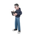 A male programmer stands holding a tablet in his left hand and a pen tablet in his right hand