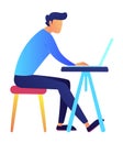 Male programmer using laptop at desk vector illustration.