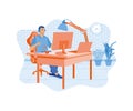 Male programmer working while listening to music. Developing software using computers and laptops.