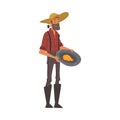 Male Prospector, Bearded Gold Miner Character Wearing Vintage Clothes and Hat Panning Golden Sand and Prills Cartoon