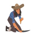 Male Prospector, Bearded Gold Miner Character Wearing Vintage Clothes Panning Golden Sand and Pills Cartoon Style Vector