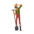 Male Prospector Standing with Shovel, Bearded Gold Miner Character Wearing Vintage Clothes Cartoon Style Vector