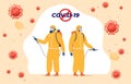 Male protective uniform respirators fighting viruses covid spraying sanitizer vector illustration