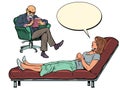 A male psychotherapist at a psychotherapy session with a patient, listens to a woman, sits in a chair and makes notes in