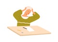 Male pupil panic at exam sitting on desk vector flat illustration. Teenage boy having stress dont know answers to test