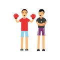 Cartoon male boxer in red boxing gloves working with professional trainer