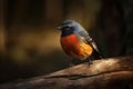 male redstart bird perched on tree trunk, with its colorful plumage prominently displayed