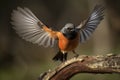 male redstart landing on tree branch, its wings outstretched