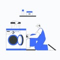 Male repair professional fixing washing machine in flat vector illustration symbolizing home appliance repair