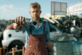 Male repairman shows wrench on car scrapyard Royalty Free Stock Photo