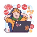 Male resting near computer, waiting for pizza delivery. Concept of electronic commerce benefits
