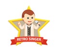 Male retro singer holding a microphone on emblem