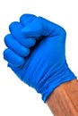 Male right hand, fist in blue latex glove.