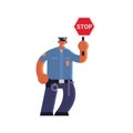 Male road traffic police inspector holding stop sign policeman officer in uniform security authority justice law service