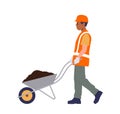 Road worker cartoon character carrying wheelbarrow with ground or asphalt mix isolated on white