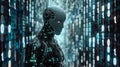 male robot in digital world on binary code background