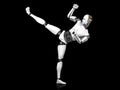 Male robot doing karate kick.