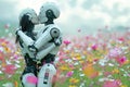 Male robot hugging and kissing a female robot, french kiss on a flower field